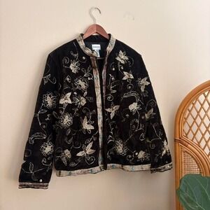 Vintage 1990's Womens Chico's Embroidered Textured Gold Foil Clasp Overshirt